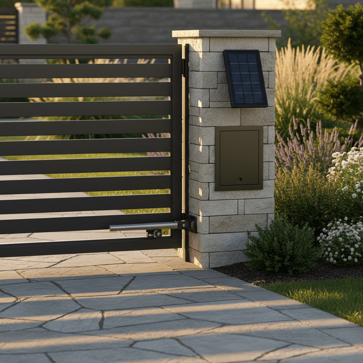 Contemporary gate with solar opener, stone pillar, and brushed metal mechanism.