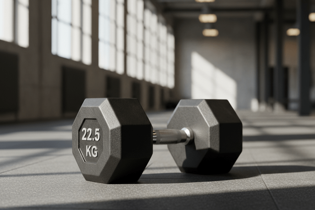 Single black fixed dumbbell on rubber gym floor, symbolizing urgent fitness equipment demand