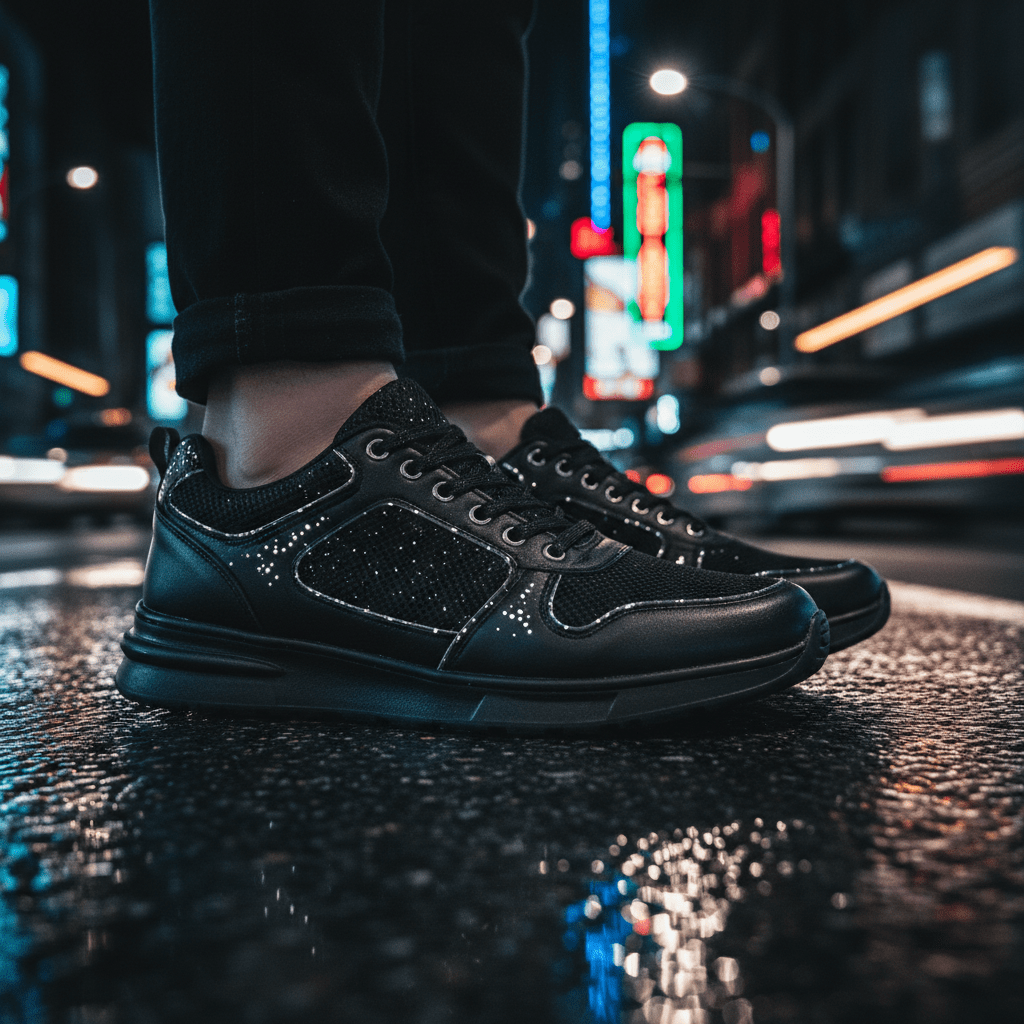Black men's sneakers with reflective details glowing on wet urban streets at night.