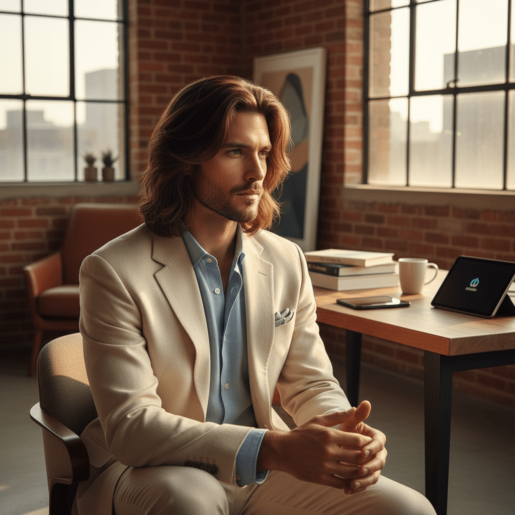 Man with lustrous, shoulder-length flow haircut in a bright loft space.