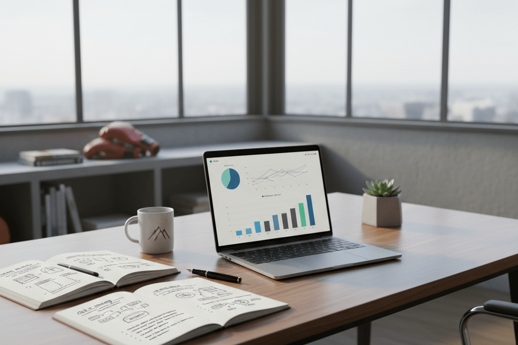 Sleek office desk with analytics graphs, notebooks, and subtle MMA elements under warm ambient lighting