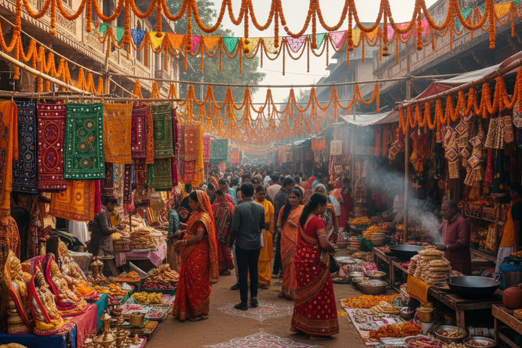 Colorful Indian market filled with festive goods and decorations lit by natural light, capturing pre-festival energy