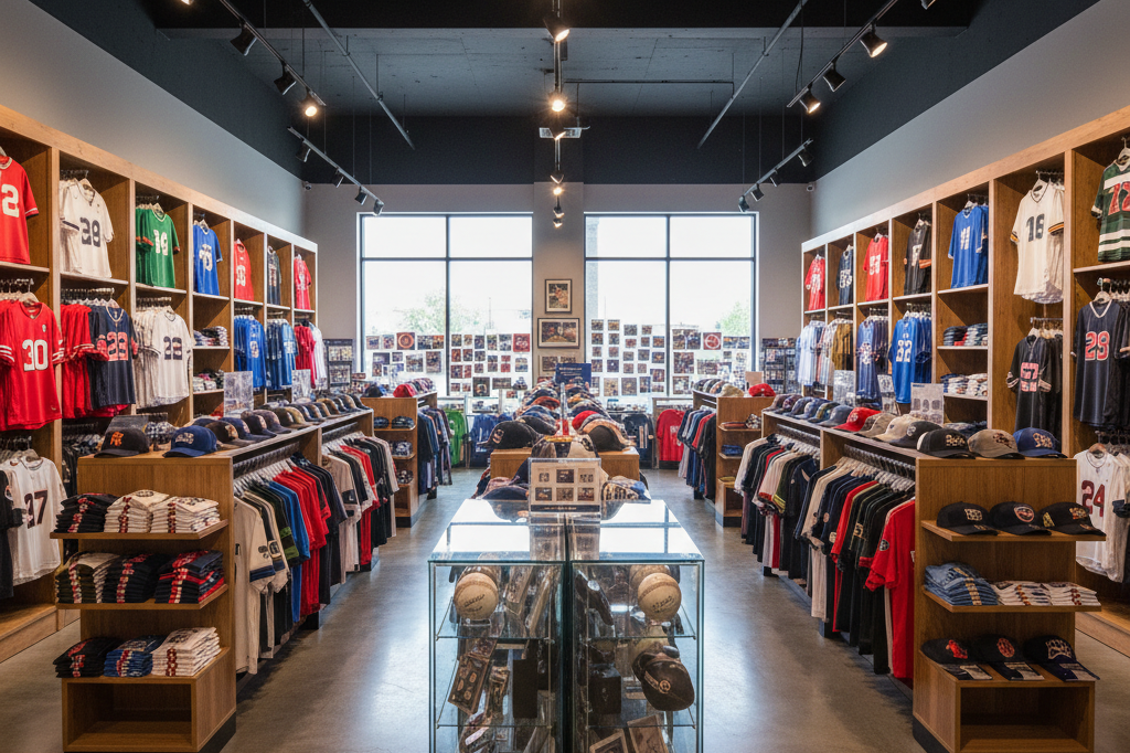 Wide shot of a sports merchandise store with jerseys, caps, and memorabilia displayed under natural light, highlighting retail strategy and product variety