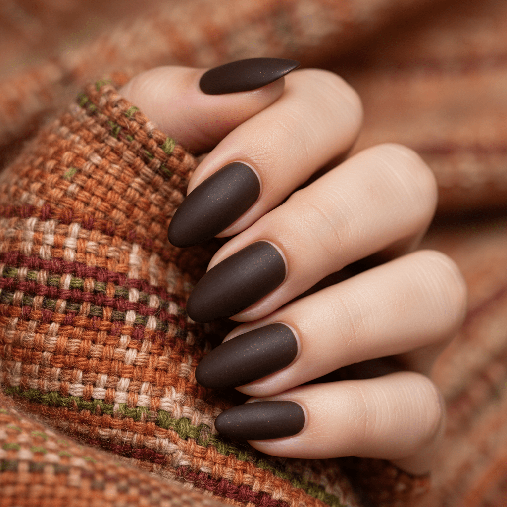 Macro view of deep brown velvet nails on cashmere fabric, showcasing matte finish.