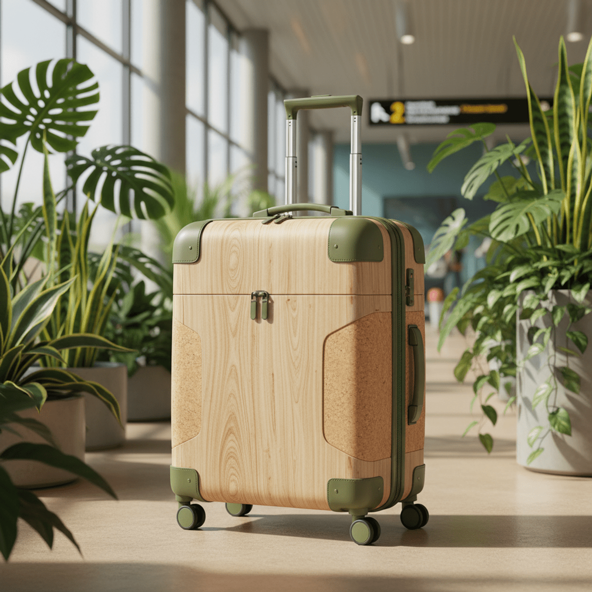 Modern trolley bag with natural textures in an airport. Sleek trolley bag with wood grain, cork, and cactus leather in a modern airport.