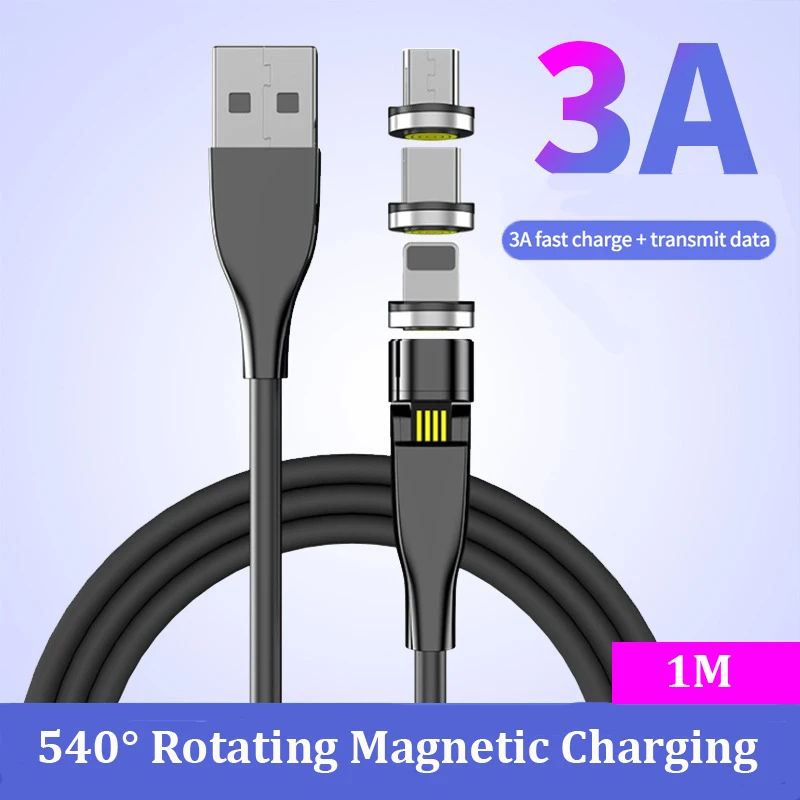 3A Fast Charging Magnetic USB Cable 3 in 1 Nylon Braided 540 Degree Rotate Quick Magnetic Micro Type-c Charger For iPhone