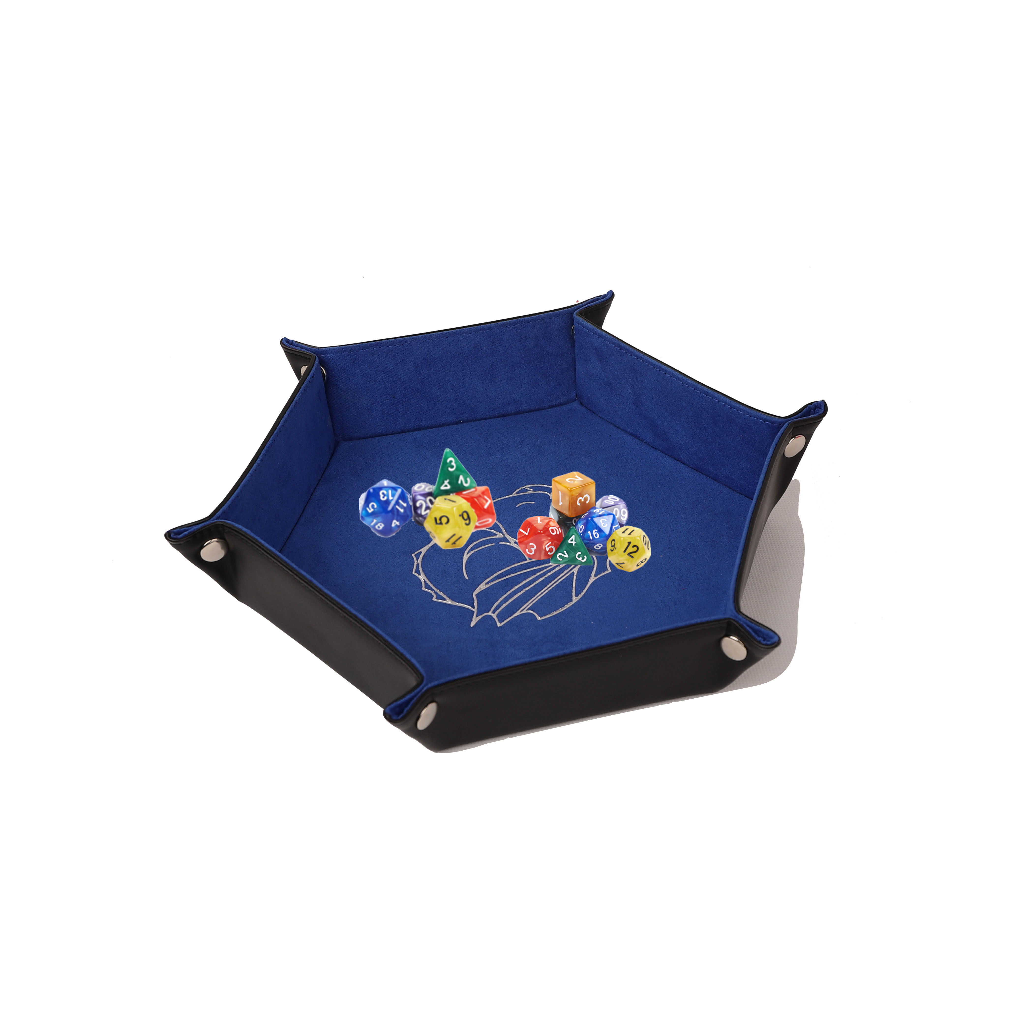 shbc 亚马逊热卖双面骰子托盘折叠六角 pu 皮革和蓝色天空天鹅绒骰子