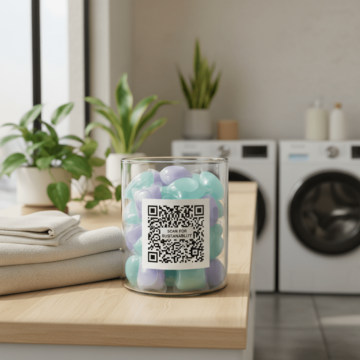 Eco-friendly laundry pods in a clear container on a wooden countertop.