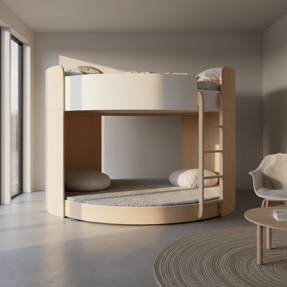 Circular bunk bed with meditation space, pale birch and matte white.