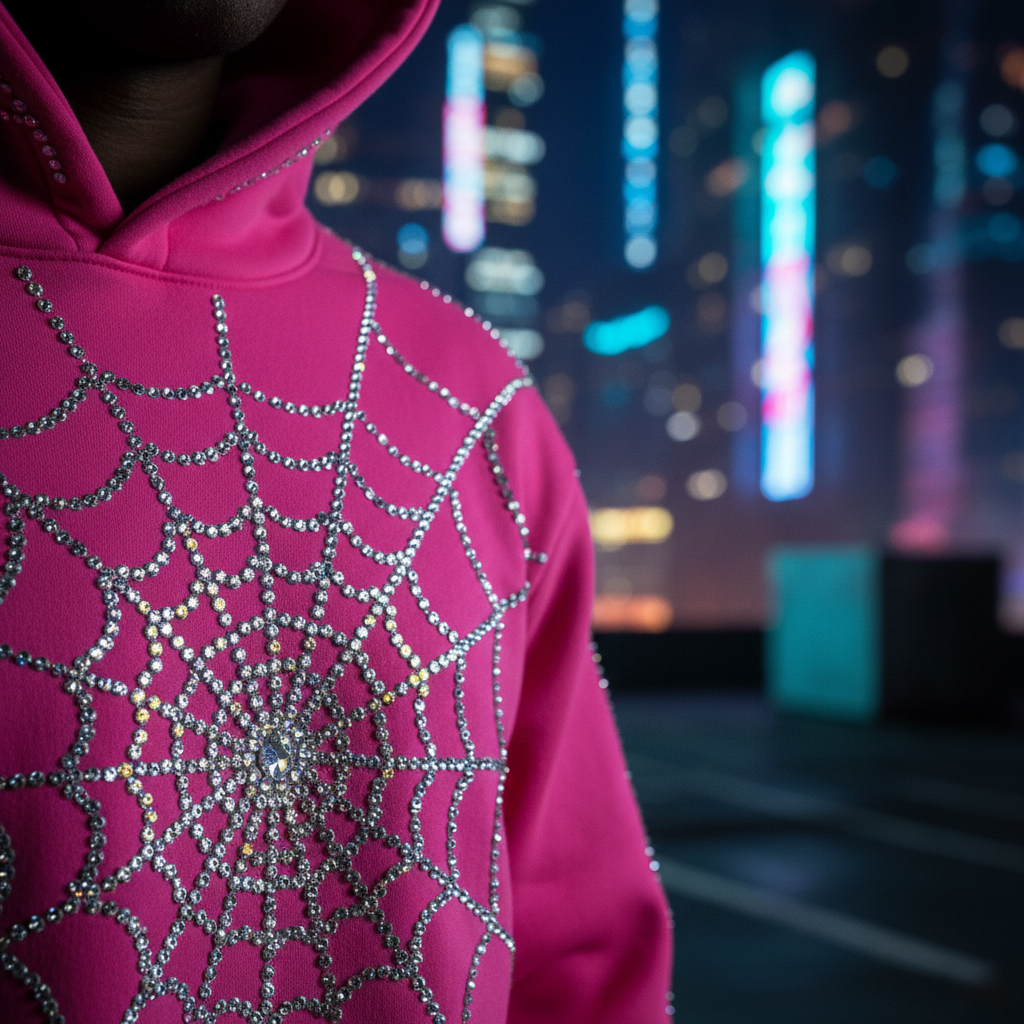 Close-up of a hot pink hoodie with an elaborate rhinestone spider web motif.