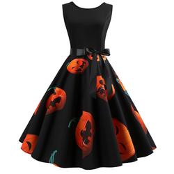 Halloween Retro Das Mulheres Costura Em Torno Do Pescoço Sem Mangas Parte Superior Do Corpo Preto da Cara da Abóbora Imprimir Big Balanço Vestido