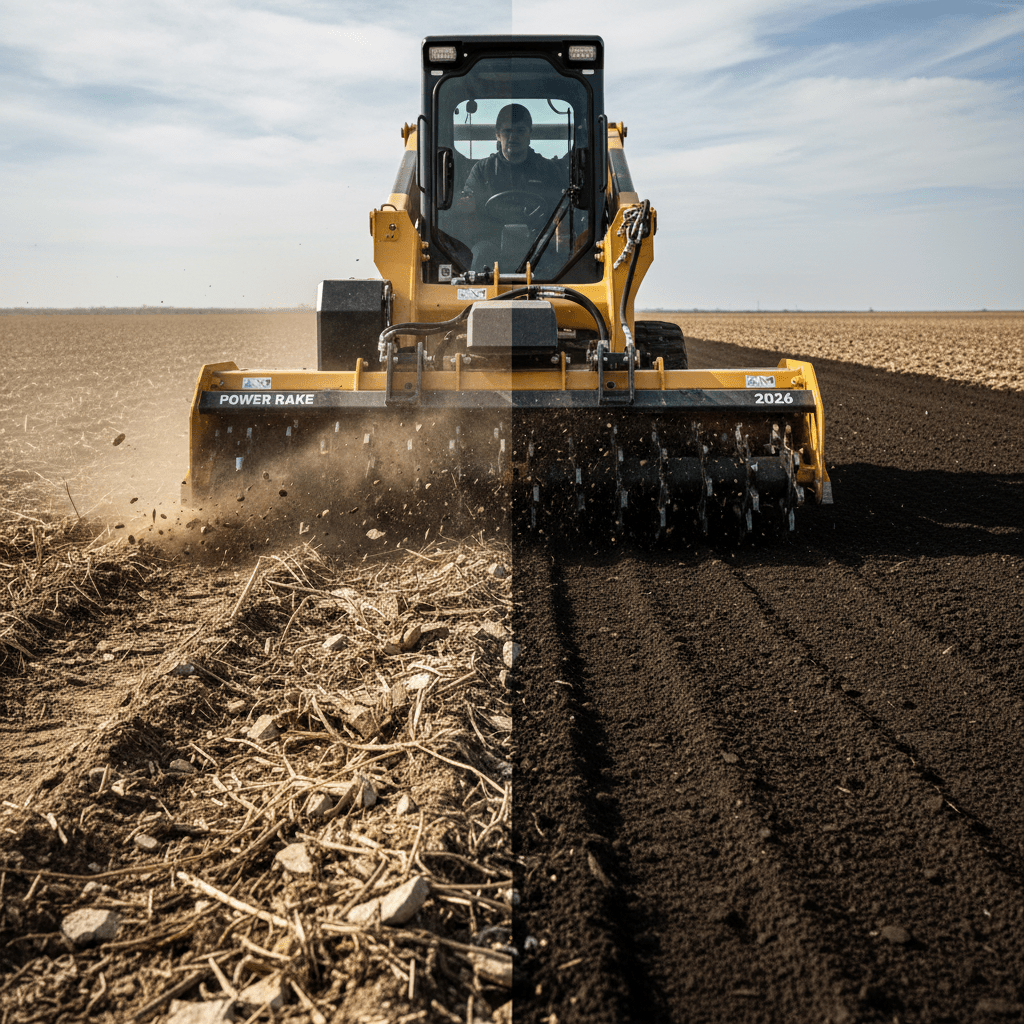 Power rake transforming rugged soil into a smooth, finely textured seedbed.