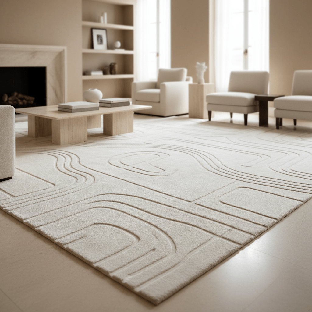 Luxurious white sculptural carpet with abstract carved patterns in a minimalist living room.