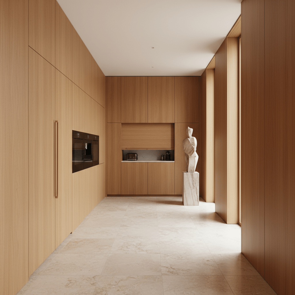 Minimalist kitchen with wood panels, hidden appliances, and abstract art.