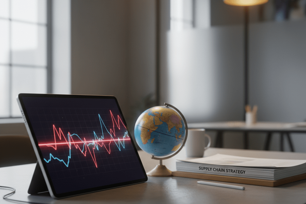 Modern office desk with fluctuating energy graphs and strategy papers under natural light