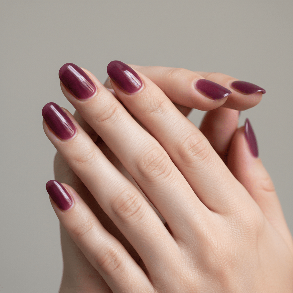 Close-up of hands with deep purple jelly nails featuring a gradient finish.