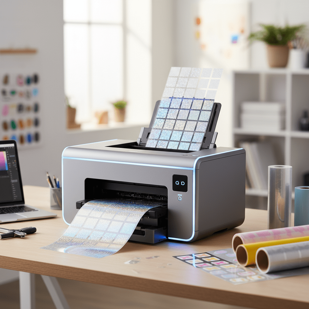 Sleek desktop printer processing holographic vinyl and glitter sticker paper.