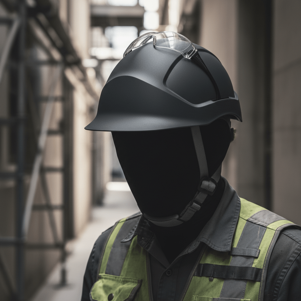 Electrician wearing a modern, brimless charcoal hard hat in an industrial corridor.