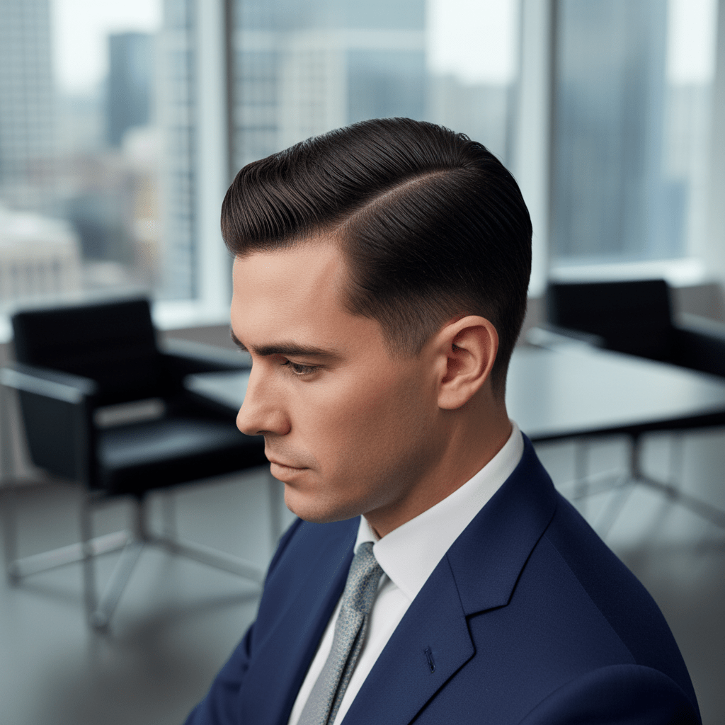 Man with sharp side part hairstyle in a modern office, styled with light mousse.