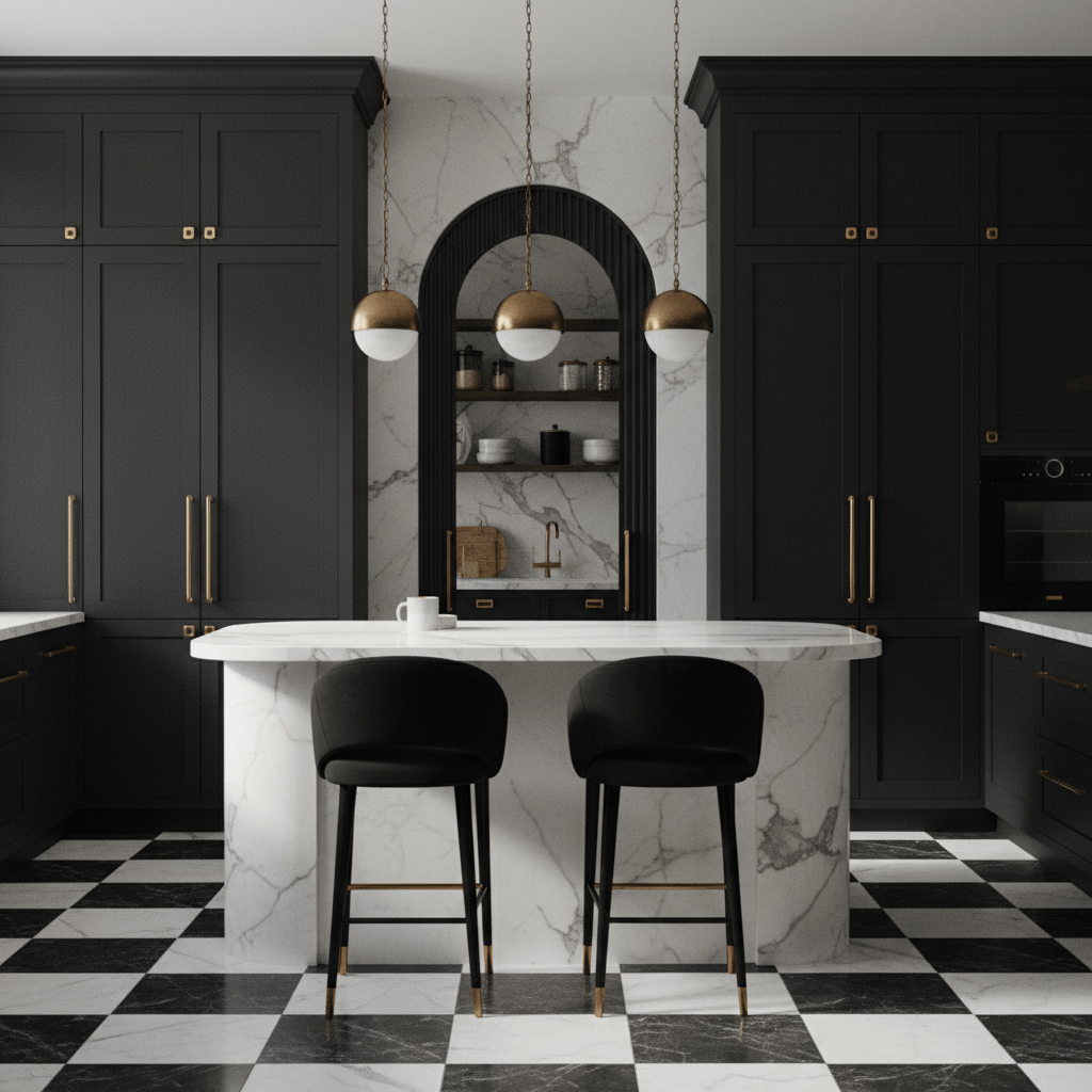 Elegant black and white kitchen featuring curved island and arched doorway.