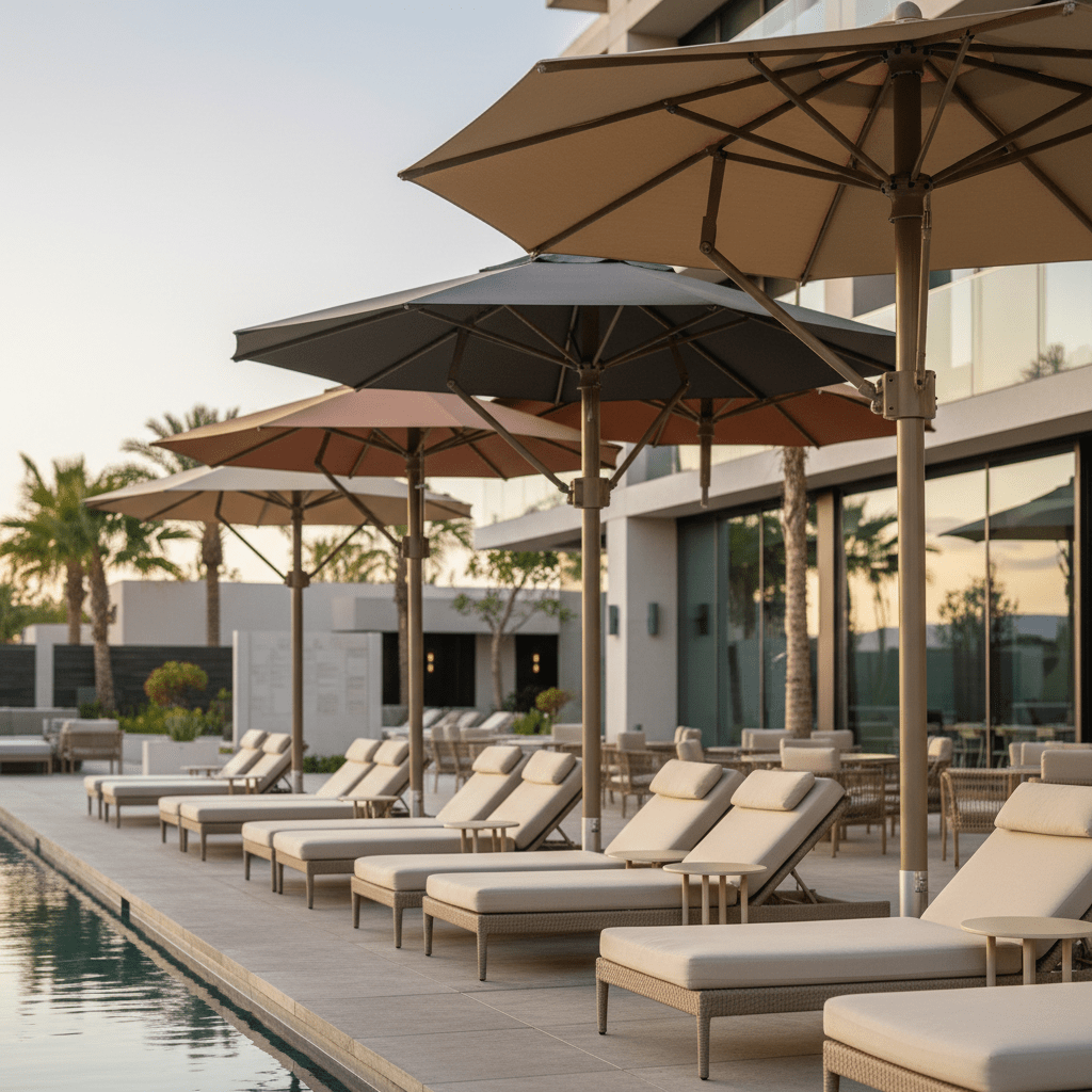 Expansive outdoor patio with connected, rotating, height-adjustable cantilever umbrellas.