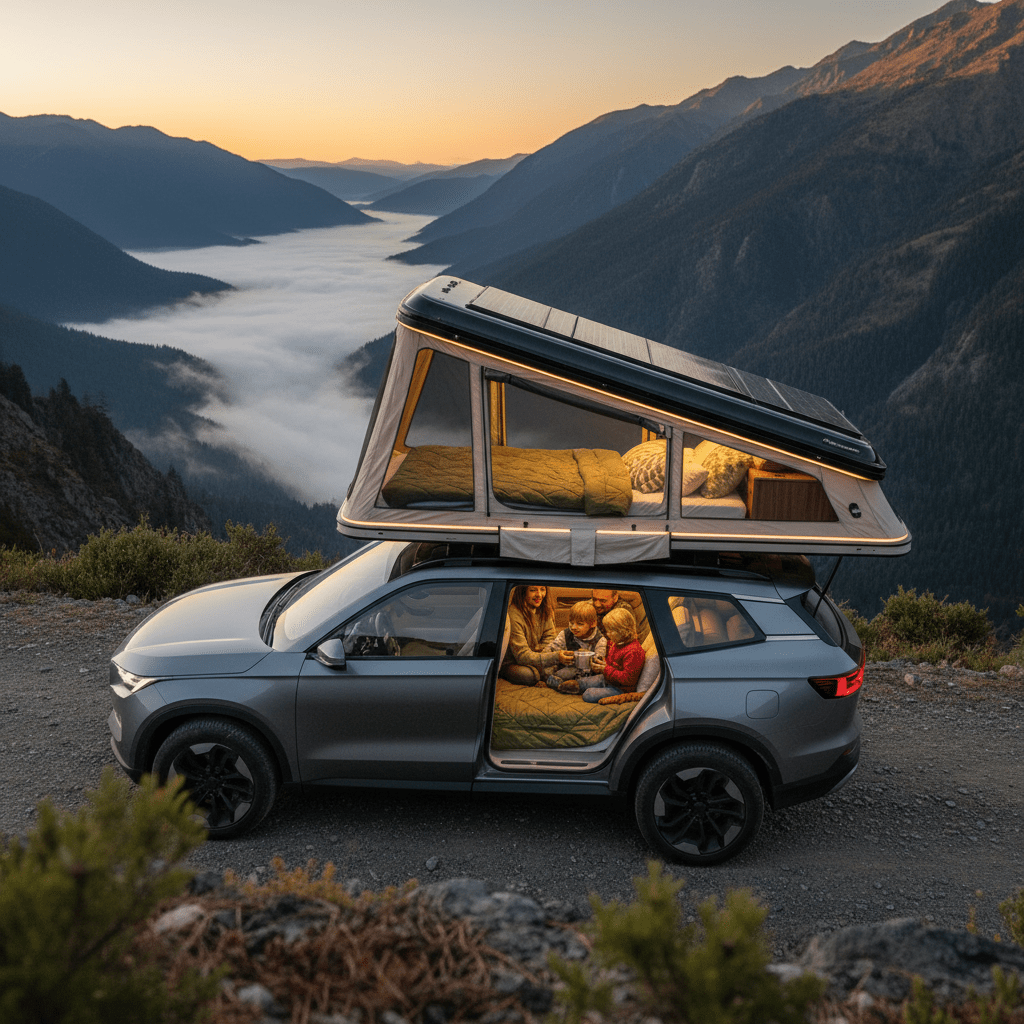 Spacious seven-seat SUV with deployed rooftop tent at dawn in mountains.