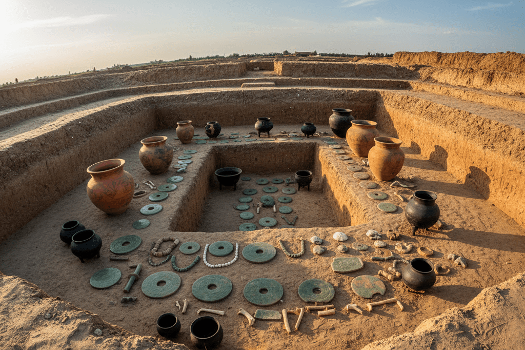 Wide shot of ancient Chinese tomb excavation revealing jade ornaments and pottery pieces under natural lighting