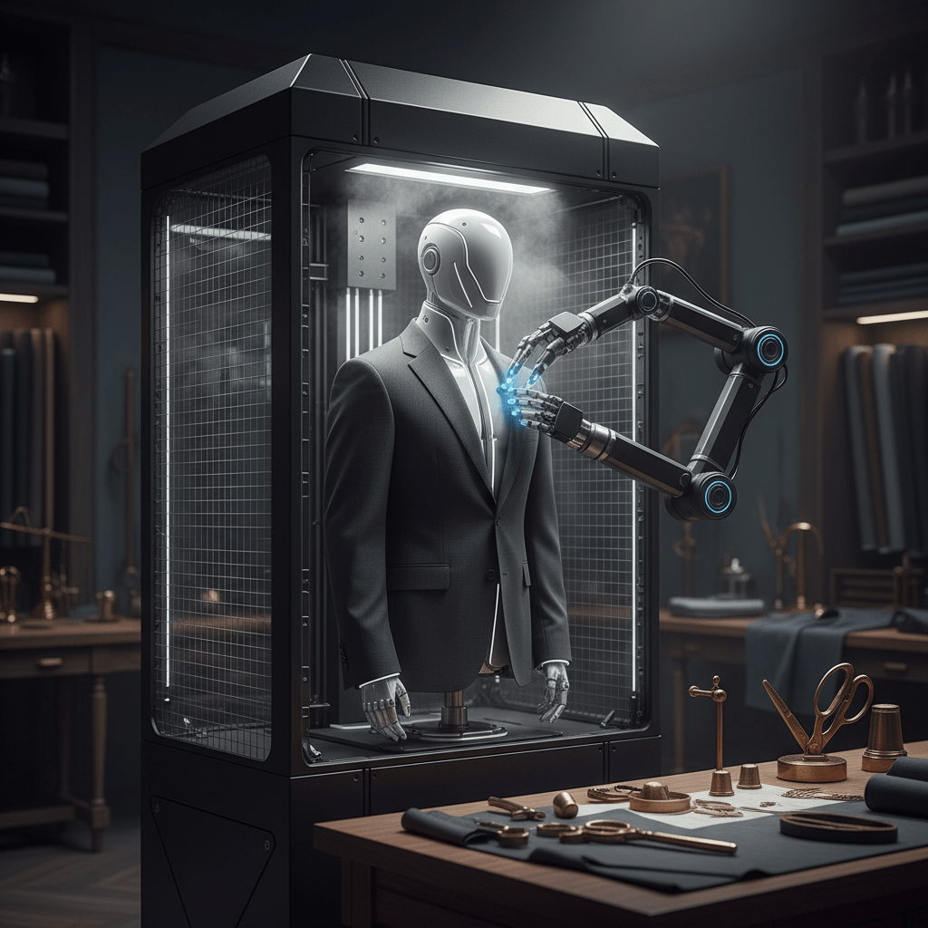 Advanced robotic garment finishing machine with humanoid torso and robotic arm.