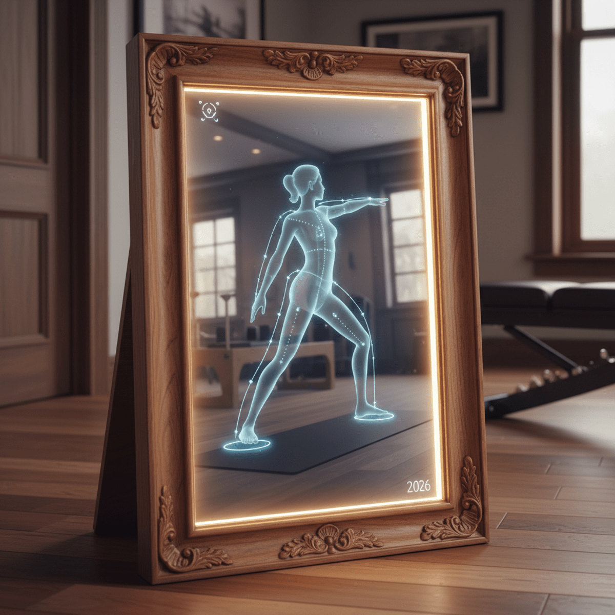 Elegant smart fitness mirror displaying a virtual Pilates class with instructor overlay.
