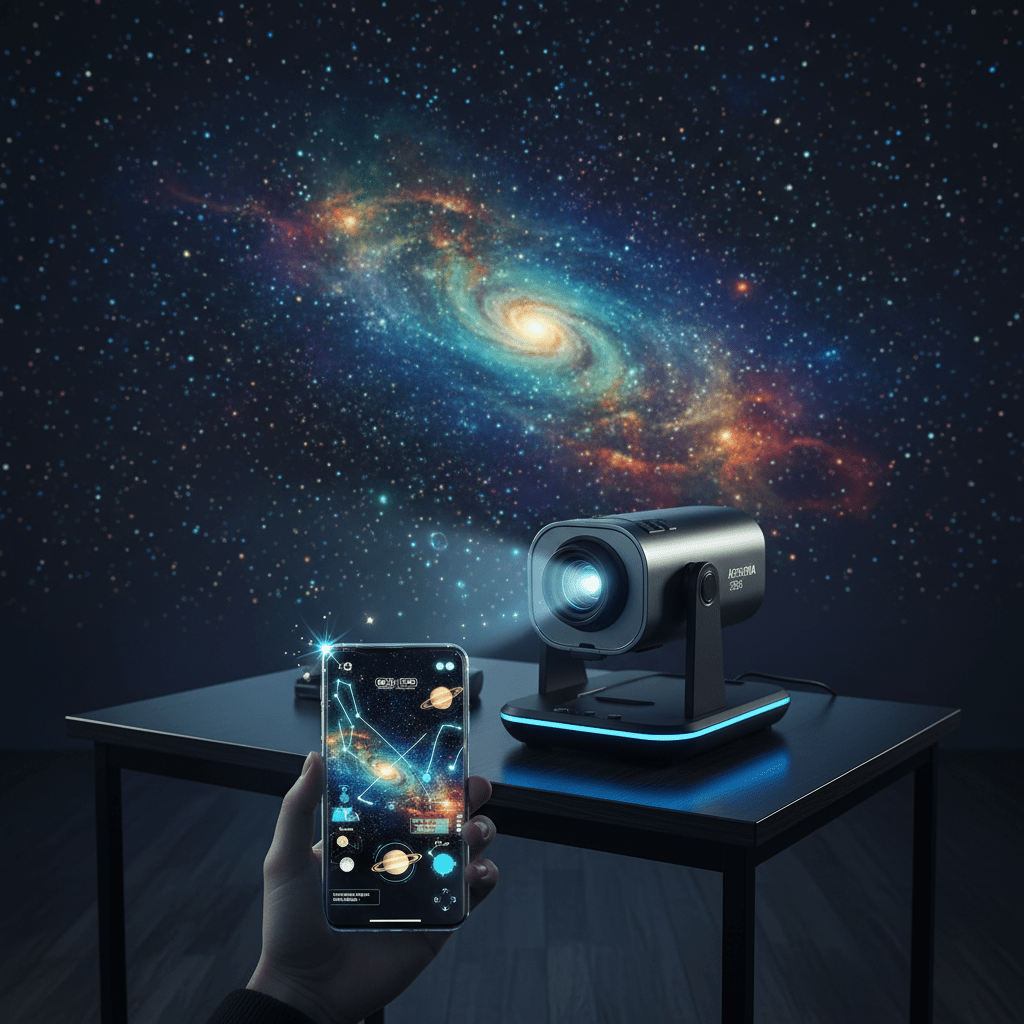 Futuristic star projector displays constellations with AR overlays visible on a smartphone.
