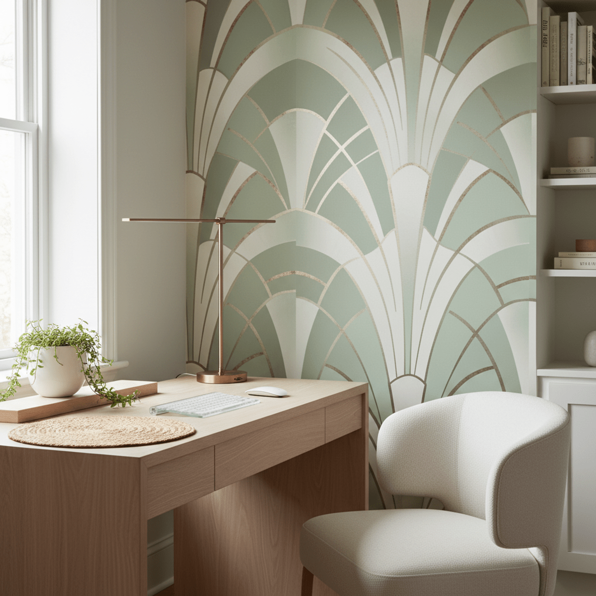 Art Deco geometric wallpaper in a calm home office setting. Stylish home office with Art Deco geometric wallpaper in sage and cream.