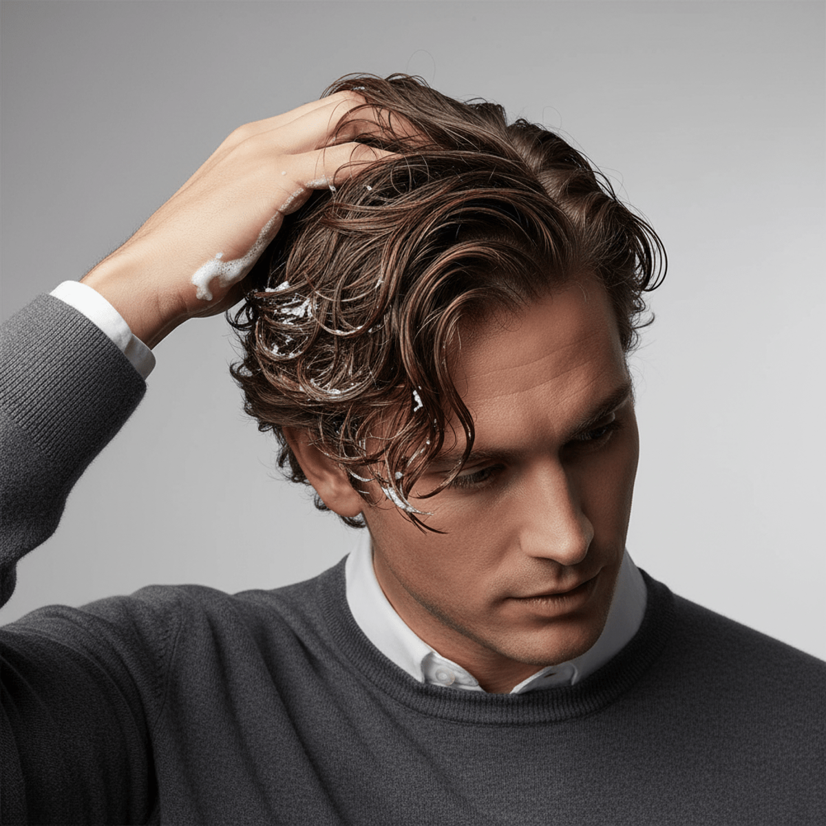 Man applying lightweight hair mousse to enhance natural wavy hair texture.