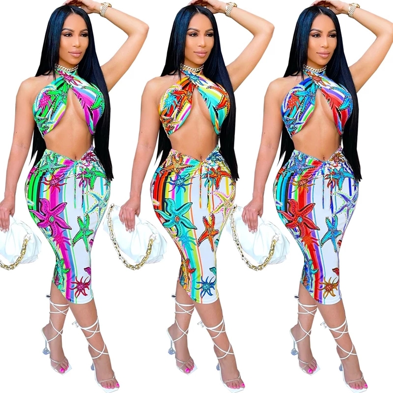 Женский комплект из двух предметов с принтом, облегающий короткий топ с открытой спиной и миди-платья для отпуска, соблазнительная Клубная одежда, летний комплект