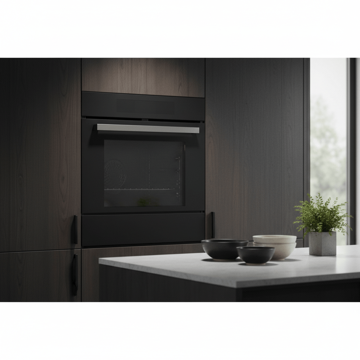 Sleek matte black convection oven integrated into modern dark wood cabinetry.