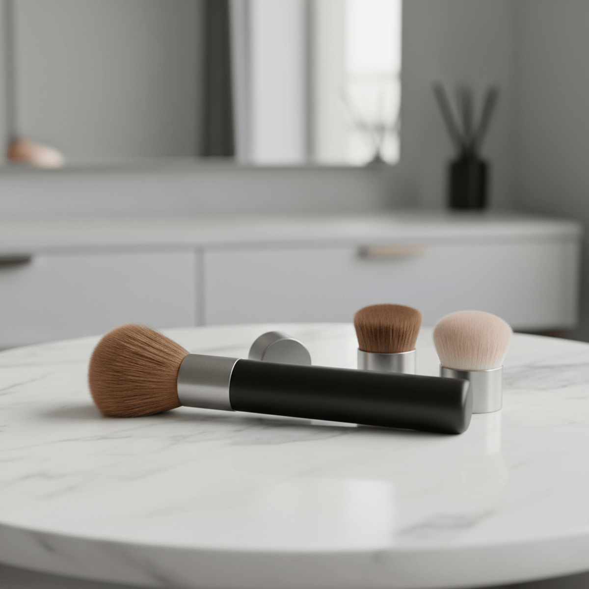 Sleek modular bronzer brush system with magnetic handle and interchangeable heads on marble.