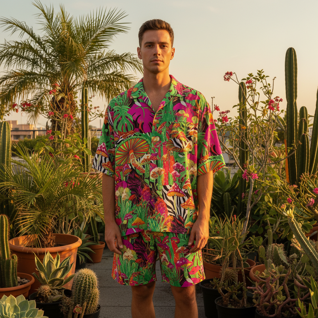 Model in maximalist pattern co-ords with tropical leaves, mushrooms, and zebra stripes.