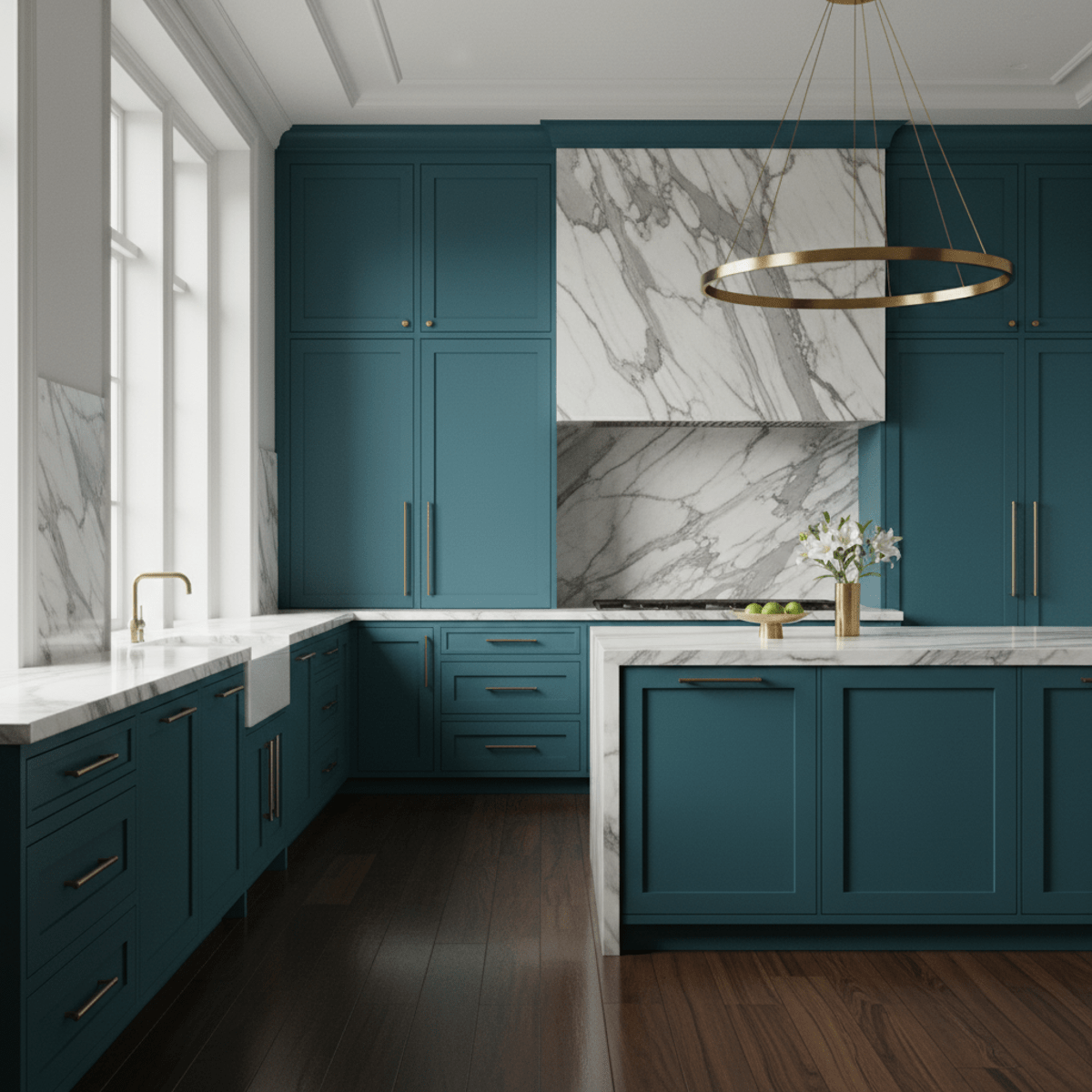 Luxurious kitchen with teal cabinets, marble countertops, and abstract backsplash.