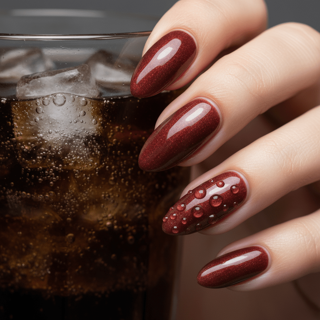 Hand with shimmering cherry cola nails featuring condensation droplet accent.