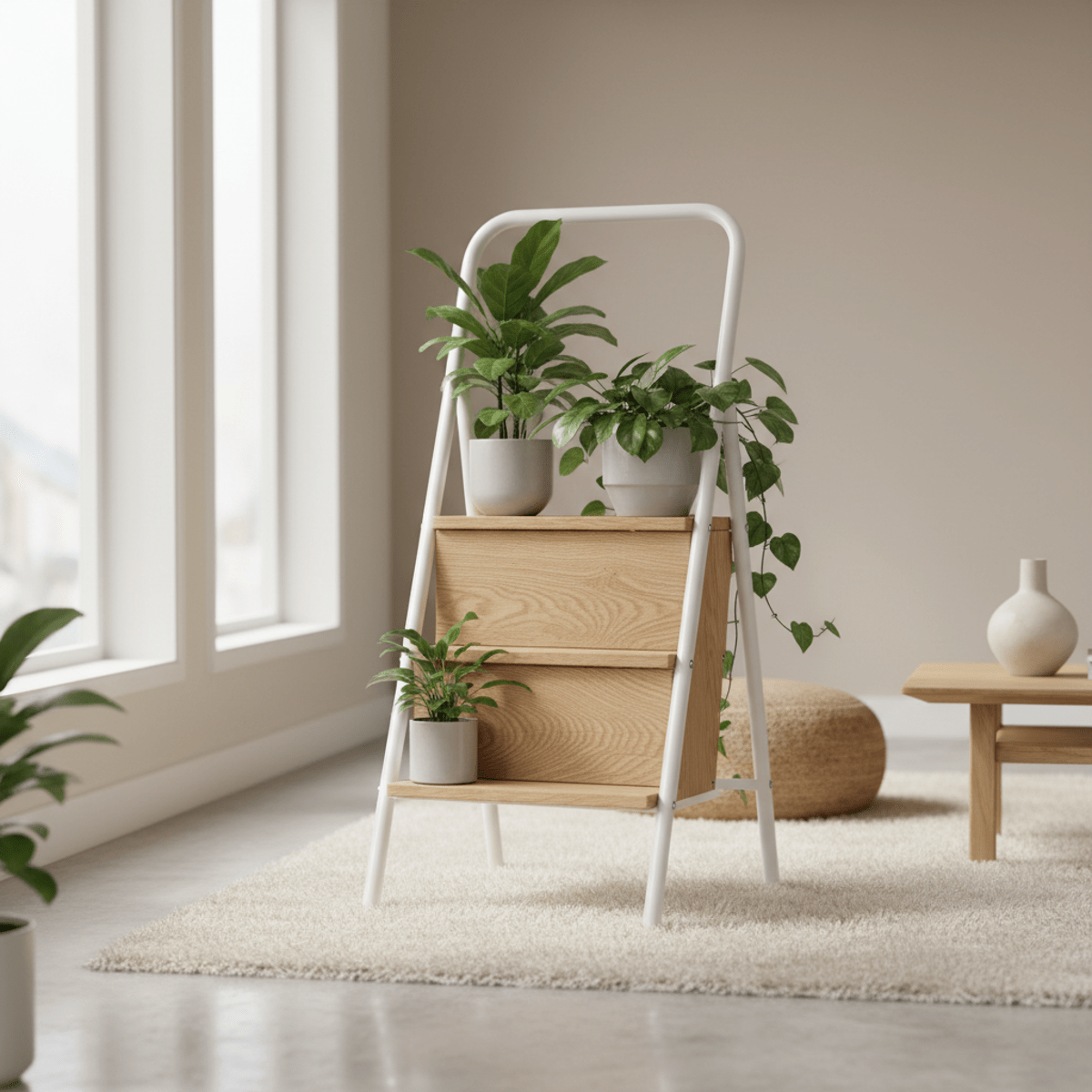 Light oak step stool with white frame used as a plant stand in a bright room.