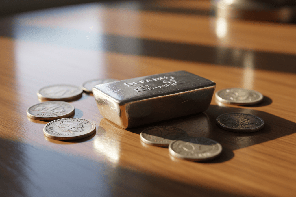 Detailed view of silver ingots and coins under warm lighting, highlighting texture and economic tension.