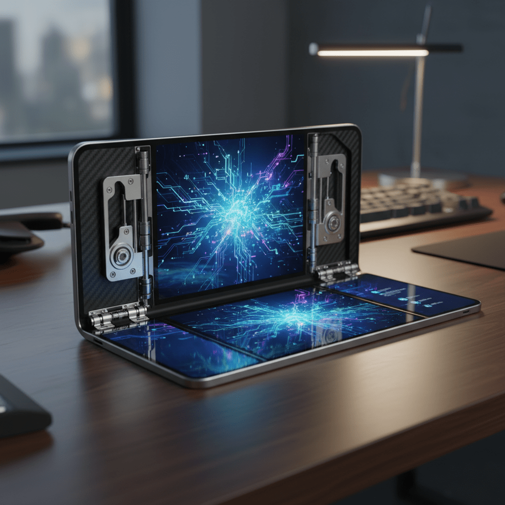 Foldable tablet transforming from compact to three wide panels on a modern desk.