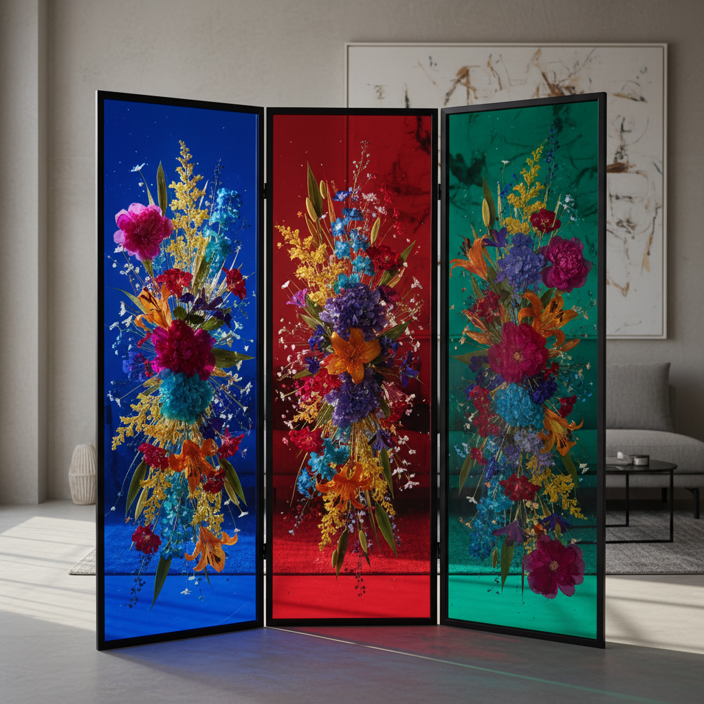 Translucent resin panel with embedded flowers, framed in black metal.