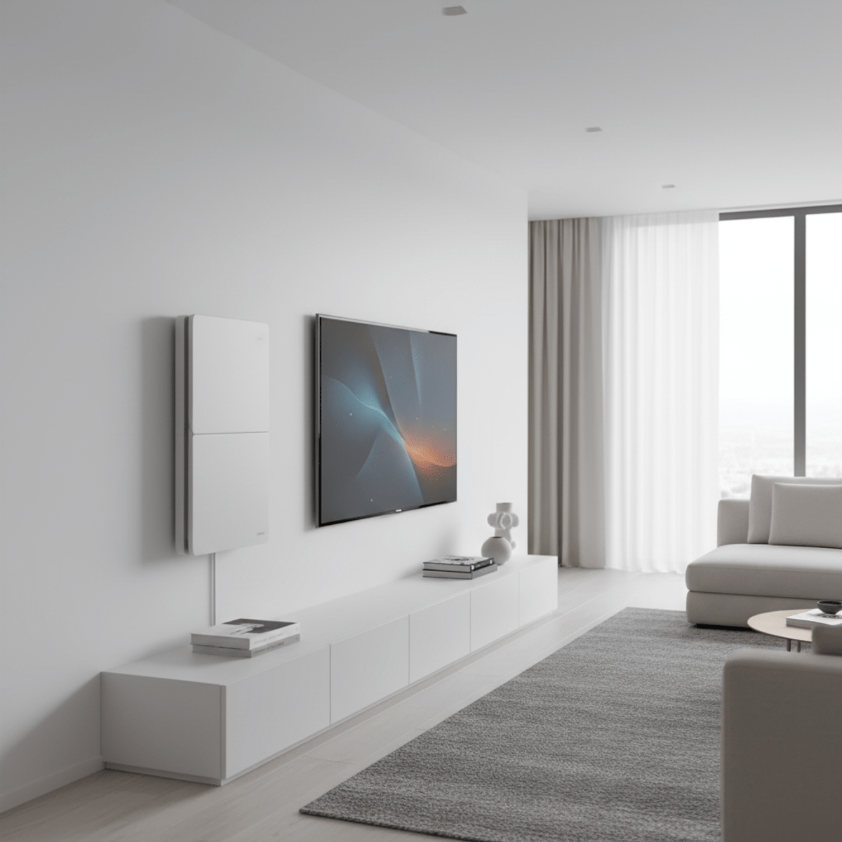 Ultra-thin matte white UPS floats on a wall beside a television.