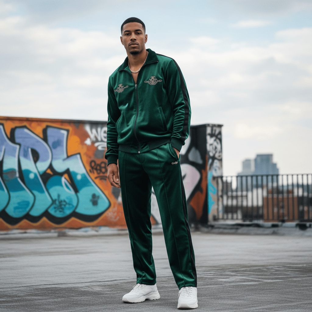 Male model in emerald velour tracksuit on urban rooftop with graffiti.
