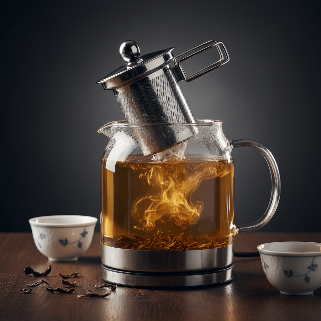 Electric glass kettle with stainless steel infuser above swirling tea leaves.
