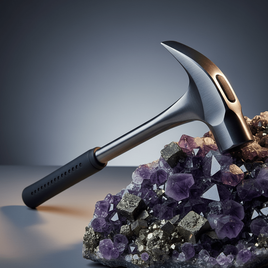 Geological hammer forged from steel rests on a jagged mineral surface with intricate crystals.