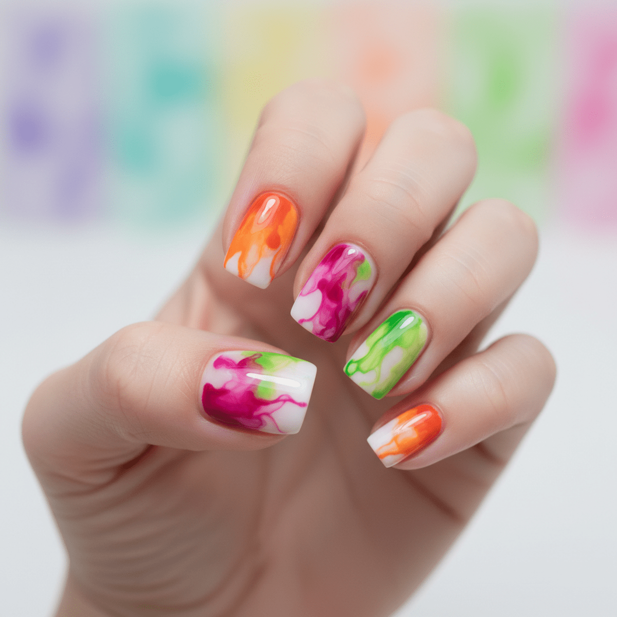 Artistic ice cream nails with abstract watercolor swirls and sorbet shades.