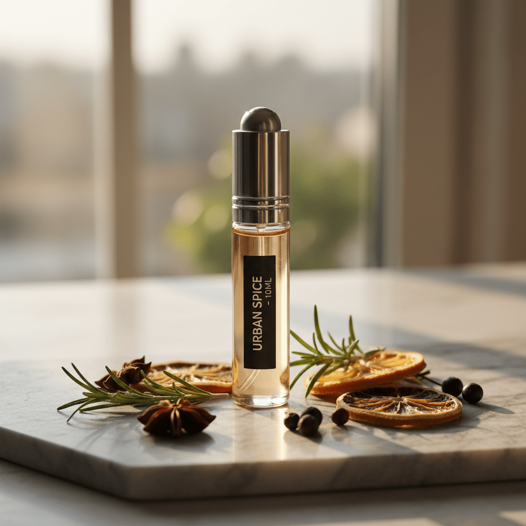 Compact cologne rollerball on grey marble with herbs and citrus slices.