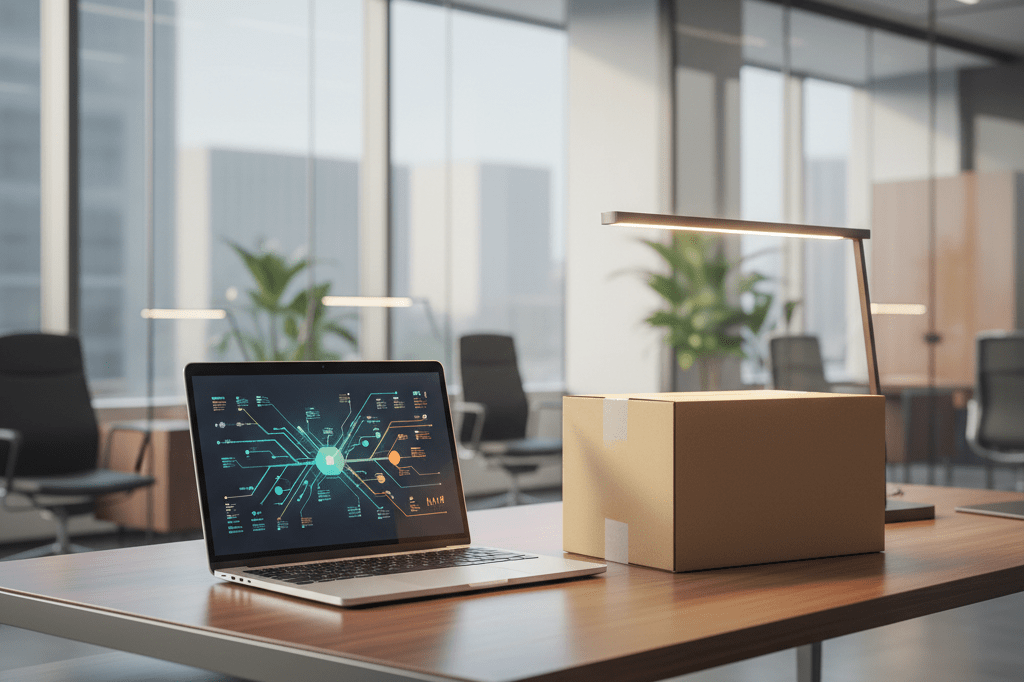 Empty corporate desk with laptop and packed box under natural light symbolizing financial sector restructuring