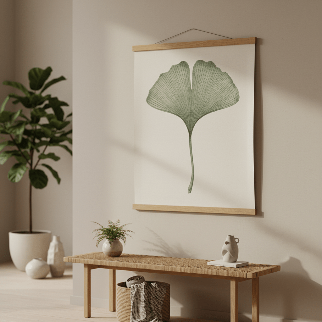 Minimalist magnetic oak frame displays botanical print on neutral wall.